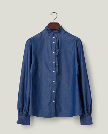 Lexington Denim Flæsebluse, medium blå denim