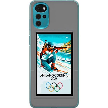 Yhteensopiva Puhelinkuori Motorola Moto G22 Retrojuliste Cortina Milano 2026 vuorilla, talviurheilijoilla, italiankoloreilla, Milanon tuomiokirkolla j