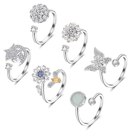 6-pack Justerbar antistressring med roterande pärlor, Fidget Ring för Kvinnor, Stressring, Fidget Spinner Ringar, Guld/Silver