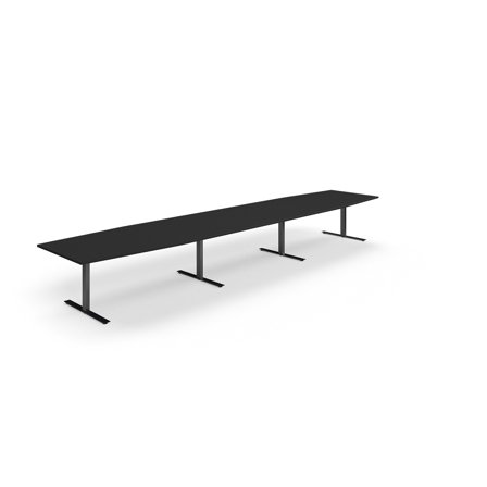Konferenztisch QBUS, Bootsform, 5600x1200 mm, T-Gestell, schwarz/schwarz