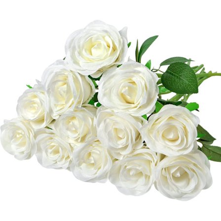 12-pak Kunstige Roser, Hvide Kunstige Blomster, Hvid, Egnet til Have, Bryllupsfest, Indendørs og Udendørs Brug