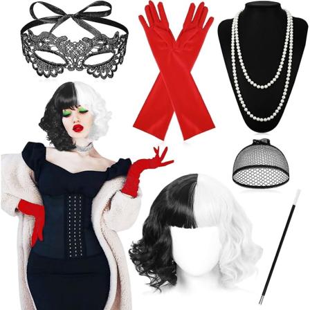 Cruella-kostyme for kvinner 70-tallstilbehør, kort svart og hvit parykk med holder, hansker, halskjede, spissmaske, parykkhette, for Halloween-kostyme