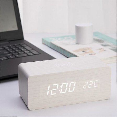 Vekkerklokke i tre med lydkontroll Qi trådløs ladefunksjon Kompatibel med iPhone Samsung