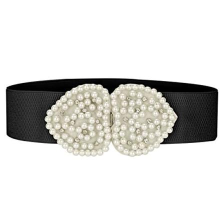 Hjärtformad design Faux Pearl Rhinestone Decor Midjebälten för kvinnor Elastisk, Bomull, Svart