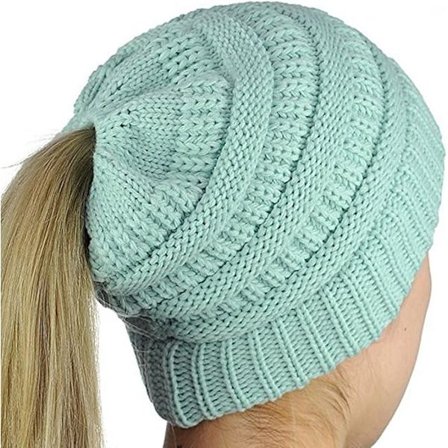 Damestrikket vinterlue med hull for hestehale blue_tfrf