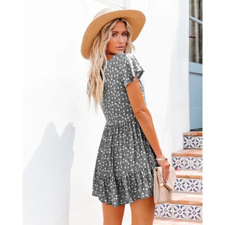 Sommar Kvinnor Chiffong Klänning Sexig V-ringad Blommig Mini Beach Ruffle