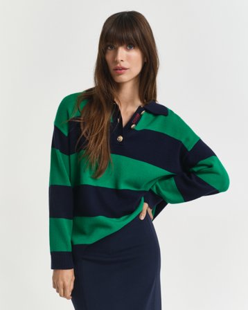 GANT Damen Strick Rugger mit Streifen (L) Marineblau