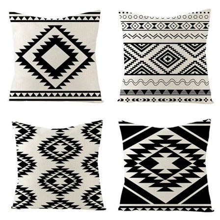 4 st dekorativa kuddfodral i linne, nordisk svartvit soffkuddfodral, 45 x 45 cm