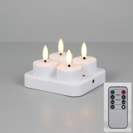 Rechargeable LED Tea Lights with Remote Control and Timer - Set of 4 Lights and Charging Station