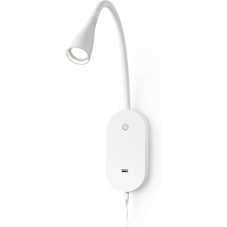 Veggmontert leselampe, fokusert boklampe for lesing i sengen, USB-utgang, berøringskontroll, fleksibel svanehals leselampe, enkel å installere (hvit)