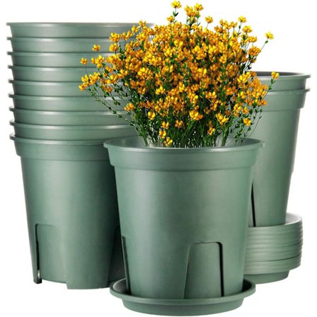 12 stk. Plastpotter med dreneringshull og brett