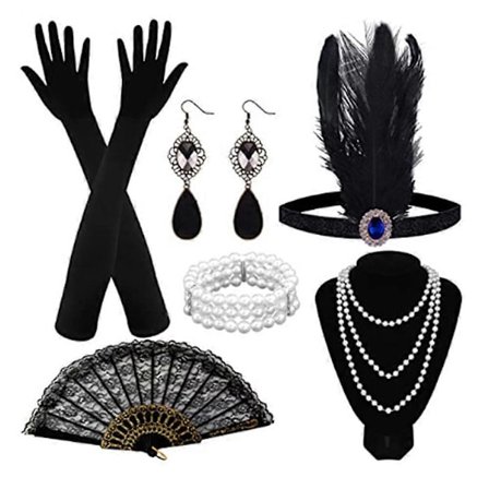 1920-tals Dam Flapper Tillbehör Gatsby Kostymer Tillbehör Set 20-tals Flapper Pannband Pärlhalsband Armband Örhängen Handskar-WELLNGS