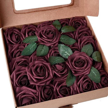 25 stk kunstige roser i mørkerød skum med stilker til bryllup, brudepynt og dekorasjon