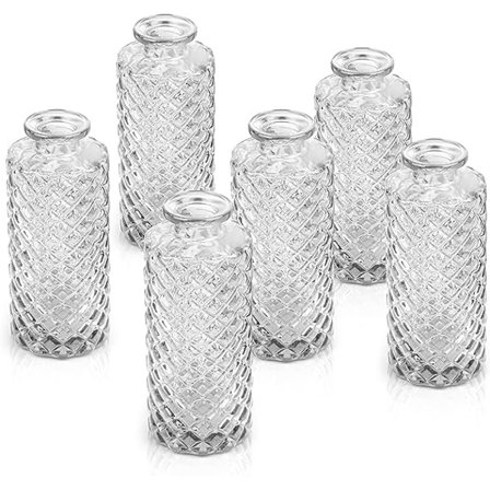 Sæt med 6 glasbudvaser, små diamantbudvaser i løs vægt, mini blomster vaser til midterstykker, vintage flaske til borddekorationer, bryllupsdekoration