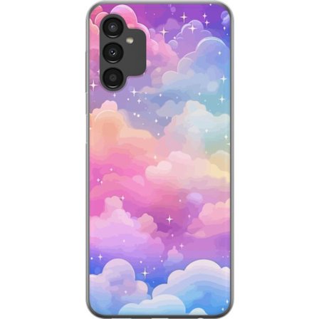 Kompatibelt Mobildeksel til Samsung Galaxy A04s Søt enhjørning med regnbuefarget hår mot en stjernebelagt pastellbakgrunn i kawaii-stil