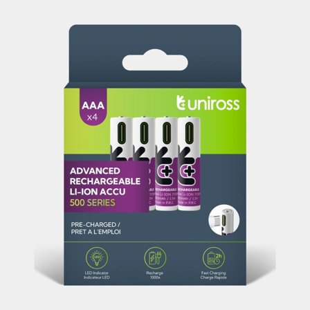 UNIROSS Batteri - Lithium AAA med USB-C stik, 1.5V, genopladeligt - Pakke med 4 stk