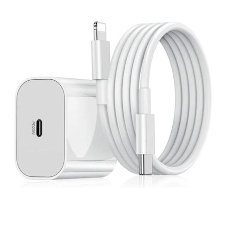 iPhone hurtigoplader USB-C strømadapter 20W + 2m kabel hvid (1 stk. oplader & 1 stk. 2m ladekabel)
