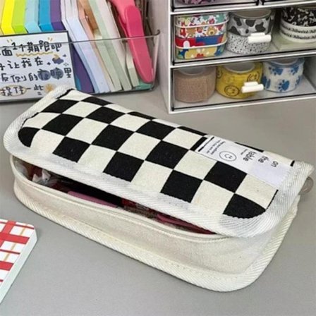 Kawaii Checkerboard Pencil Case Large Capacity Canvas Pen Bag Fashion Stationery Box Back to Schoolfor Girls School Supplies
