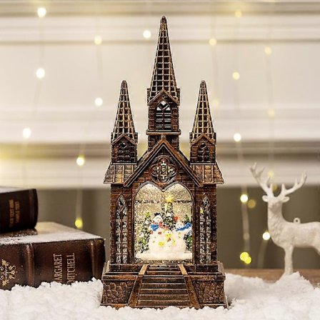 Julepynt, julelykter, kirkemusikkbokser, lysende krystallkuler, julegaver Stort kirkesnømann med vann