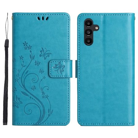 Samsung Galaxy S26 Plus Plånboksfodral Konstläder Fjäril Blommor - Blå