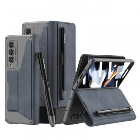 For Samsung Galaxy Z Fold 4 Lommebokveske med Avtakbar S Pen Holder Hengselbeskyttelse Trådløs Lading Lærdeksel