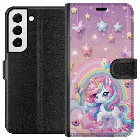 Kompatibel Tegnebogsetui til Samsung Galaxy S22 5G Magisk enhjørning med regnbue manke, stjerner og sommerfugle mod en pastelfarvet himmel med skyer