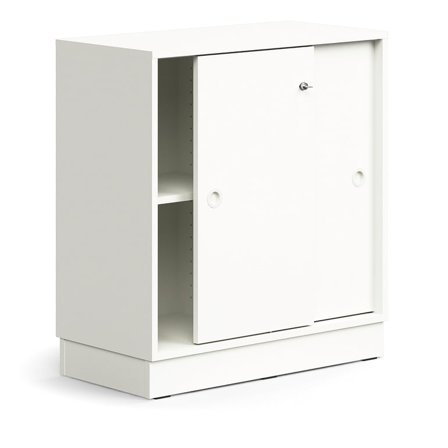 Skap QBUS, låsbare skyvedører m/håndtak, 1 hylle, sokkel, H868 B800 D400 mm, hvit