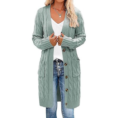 Langærmet kabelstrikket lang cardigan til damer med åben front, sweater med knapper, overtøj, grøn