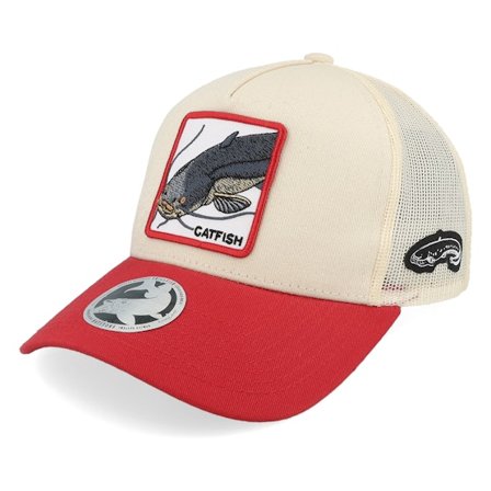 Skillfish - Grijs trucker Cap - Catfish Box Stone/Red A-frame Trucker @ Hatstore