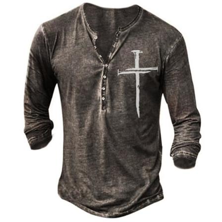 Printed Långärmad Henley-skjorta Lös Casual T-shirt