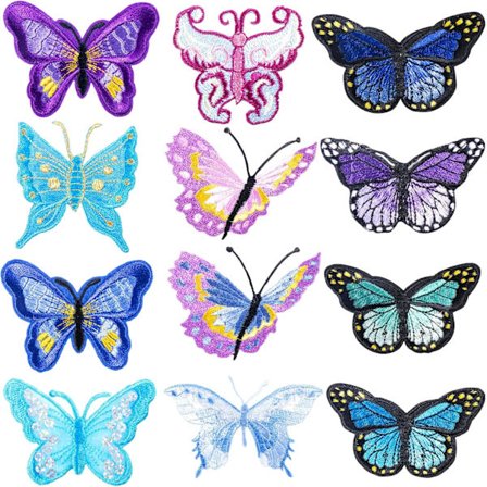 12 st Fjärilspatch att sy på, fjärilsbroderade strykmärken, broderad applikationsdekoration att stryka eller sy på för väskor, jackor, jeans