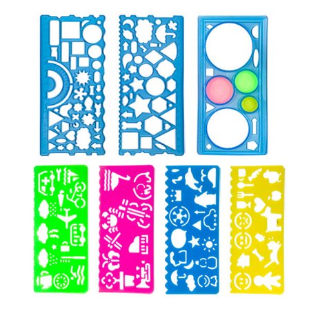 7 stk. tegnemateriale linealhjælpemidler til tegning og bogstaver Rul