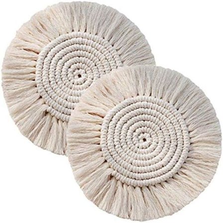 Käsinkudotut makramee-alustat, pyöreät hapsualustat juomille, imukykyiset, lämmön- ja vedenkestävät, uudelleenkäytettävät, kestävät aluslautaset 