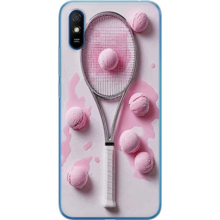 Kompatibel Mobilcover til Xiaomi Xiaomi Redmi 9A Rosa glaskugler og tennisketsjer i et kreativt stillbillede med legende popfølelse og moderne design