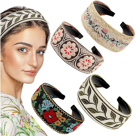 Boho Hodebånd håndlaget broderi bredt hårbånd (4 stk, flerfarget)