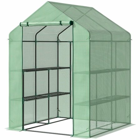 Foil Greenhouse Walk-In Kasvihuone 8 Hyllytasolla, Ihanteellinen Tomaateille, Teräkselle Ja Pe-Muoville, Vihreä, Ovella