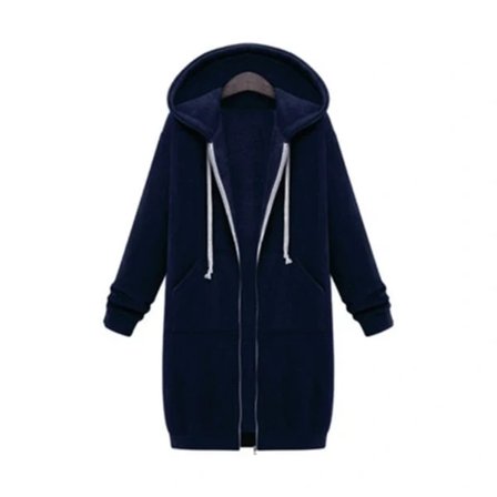 【PP】Fleecejacka med dragkedja för dam, lång hoodie i plus size, marinblå XL