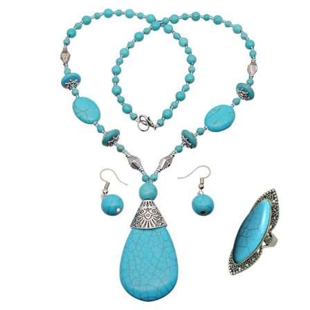 Set med 3 turkosa armbandssmycken Vintage halsband armband örhängen ring