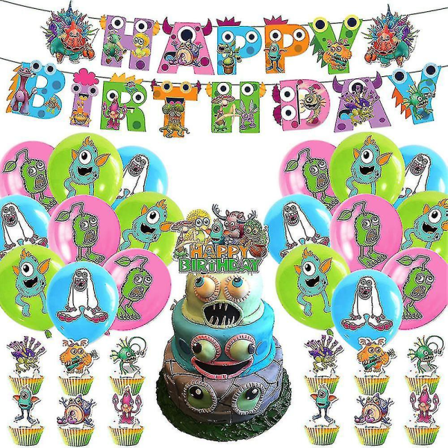 Venalisa My Singing Monsters -aiheinen syntymäpäiväjuhlien koristesarja - Piirroshahmojuhlatarvikkeet, joihin kuuluu banneri, palloja, kakunkoriste [