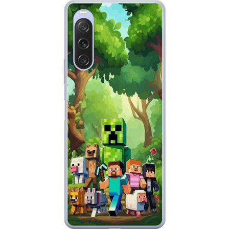 Kompatibelt Mobildeksel til Sony Xperia 10 V Blokkete pikselerte spillverden med grønne figurer og dyr i frodig skogsmiljø