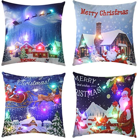 4 stk Jule Sofaputetrekk, Juledekorative Putesett LED Lys, Juleplys Putesett 45x45cm