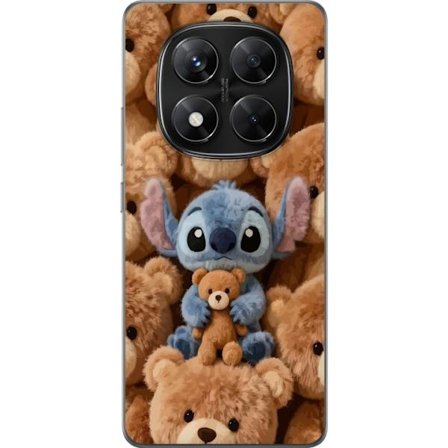 Kompatibel Mobilcover til Xiaomi Redmi Note 14 Pro Stitch omgivet af brune teddybjørne med en lille teddybjørn i armene i en sød og hyggelig kawaii-de