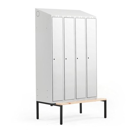 Klädskåp CLASSIC, sluttande tak, bänk, 4 sektioner, 2290x1200x550 mm, grå