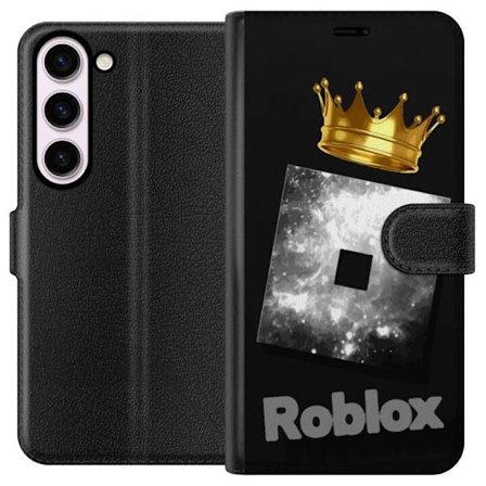 Kompatibelt Lommeboketui til Samsung Samsung Galaxy S23 Minimalistisk svart og sølvfarget Roblox-symbol med gylden krone og luksuriøs gamer-estetikk