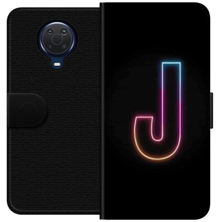 Kompatibel Tegnebogsetui til Nokia Nokia G20 Minimalistisk neonbogstav J i farveskiftende lys mod sort baggrund