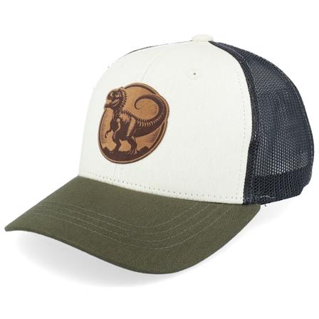 Kiddo Cap - Zelená trucker Kšiltovka - Kids T-rex Dino Brown Round Patch Ivory /Black/Mash Trucker @ Hatstore