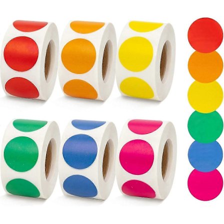 3000 stk. 25 mm farvekodningsetiketter, klistermærker, cirkelformede farvede prik-klistermærker, inkluderer 6 ruller, 500 stk. pr. rulle