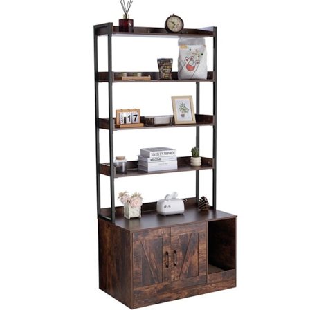 Enclosure för kattlåda - DUOKU - Dold möbel i trä - 4 hyllor - Inre skåp - Brun