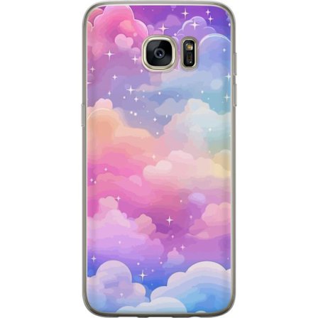 Kompatibelt Mobildeksel til Samsung Galaxy S7 edge Søt enhjørning med regnbuefarget hår mot en stjernebelagt pastellbakgrunn i kawaii-stil