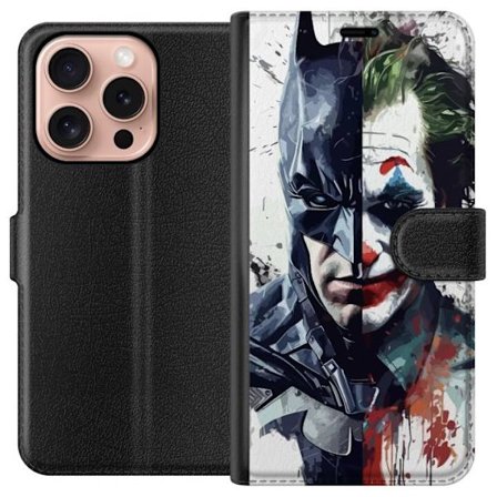 Yhteensopiva Lompakkokotelo Apple Apple iPhone 16 Pro Jakettu muotokuva Batmanista ja Jokerista dramaattisessa kuvituksessa, kuvankaunis supersankarit